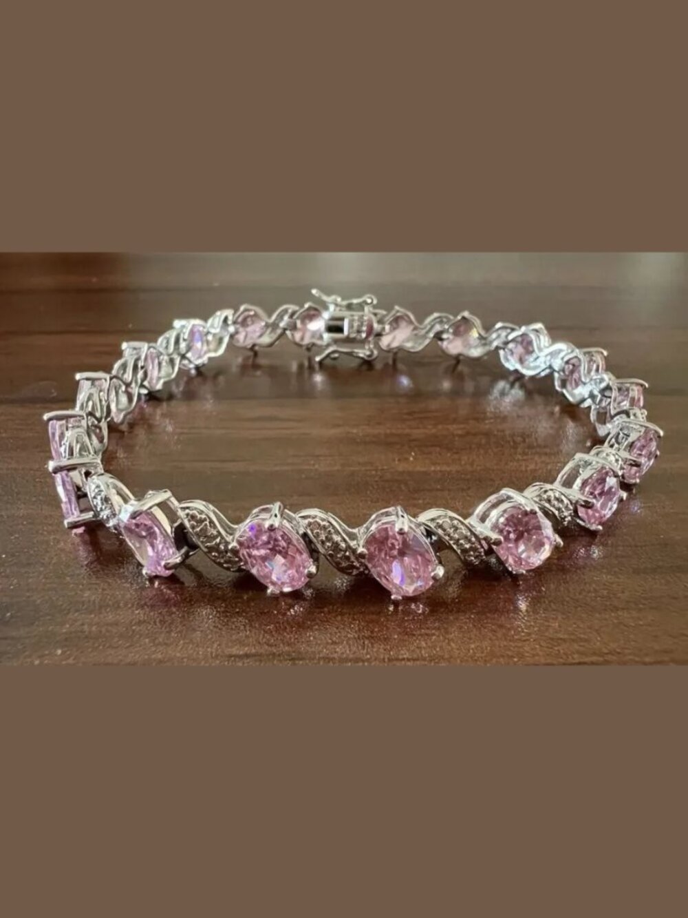 Vintage 925 Sterling Silver, Pink Gemstone Tennis Bracelet, 7.5", Safety Latch